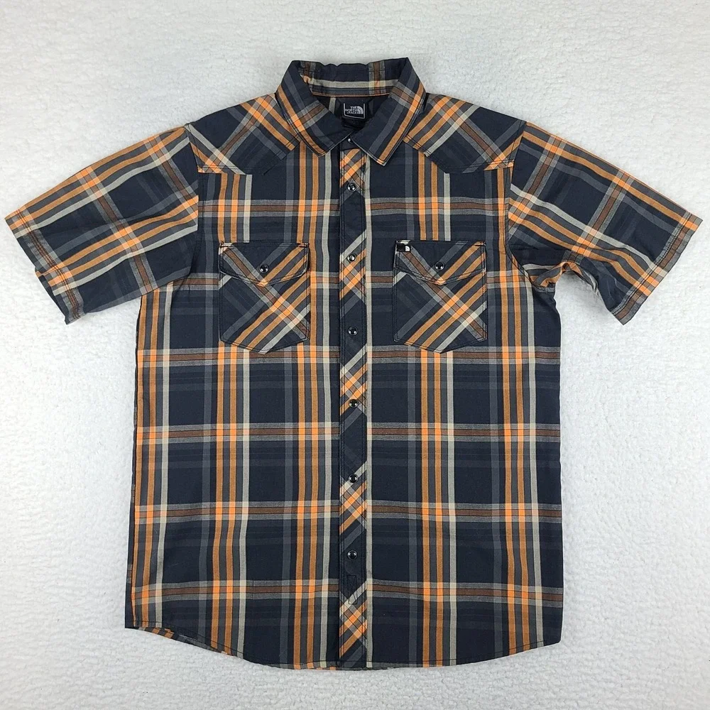 The North Face Shirt Mens Small Black Orange Plaid‎ Casual Snap Button Up